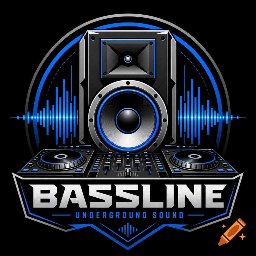 A stylized logo featuring a large speaker, DJ turntables, and sound waves, with the text 'BASSLINE UNDERGROUND SOUND' on a black background.