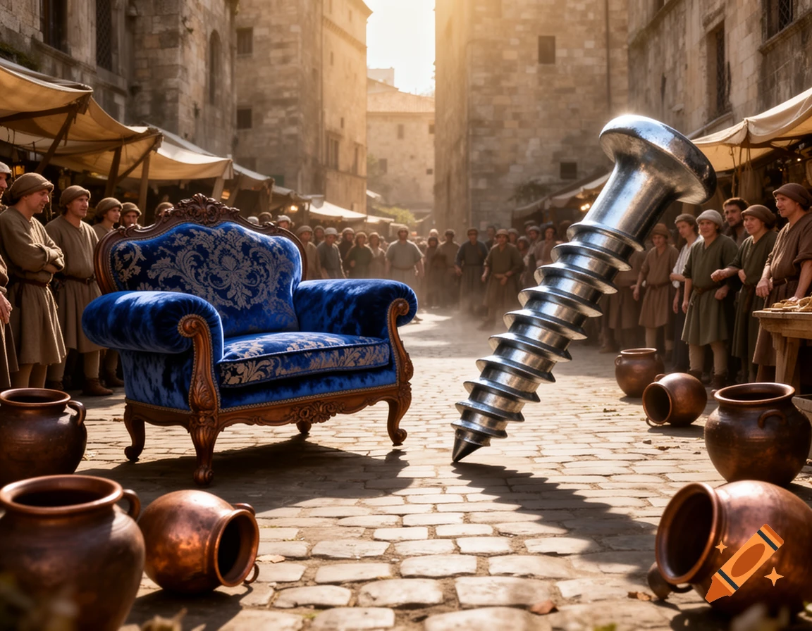 A giant metal screw stands in a medieval cobblestone street, facing an ornate blue armchair amidst villagers and overturned pots.