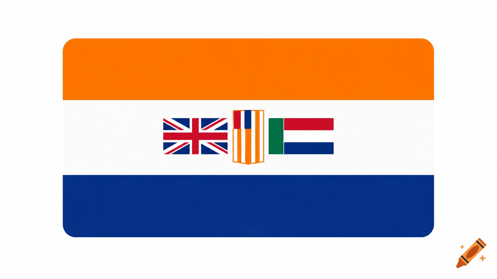 The historical flag of the Union of South Africa (1928-1994) with orange, white, and blue stripes and three smaller flags in the center.
