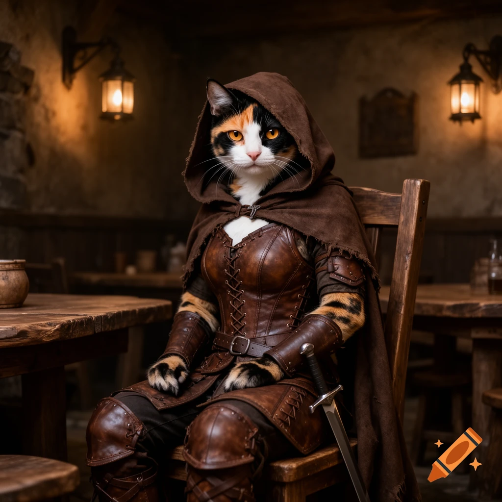 A calico cat-person in a hooded cloak and leather armor sits in a dimly lit tavern, holding a sword.
