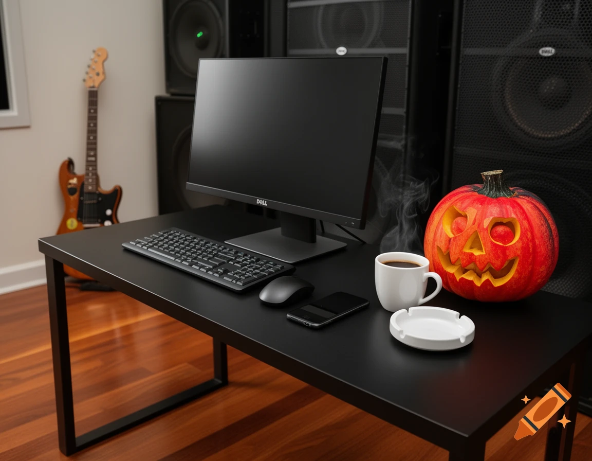 A black desk with a Dell monitor, keyboard, coffee, a carved Halloween pumpkin, an electric guitar, and large speakers.