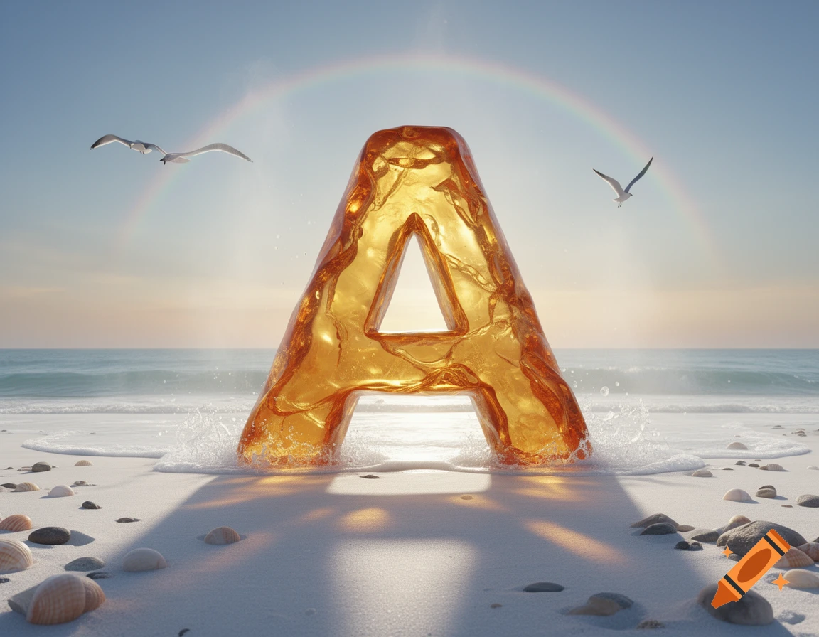 A large, glistening amber letter A stands on a sandy beach with crashing waves, under a sky with seagulls and a rainbow.