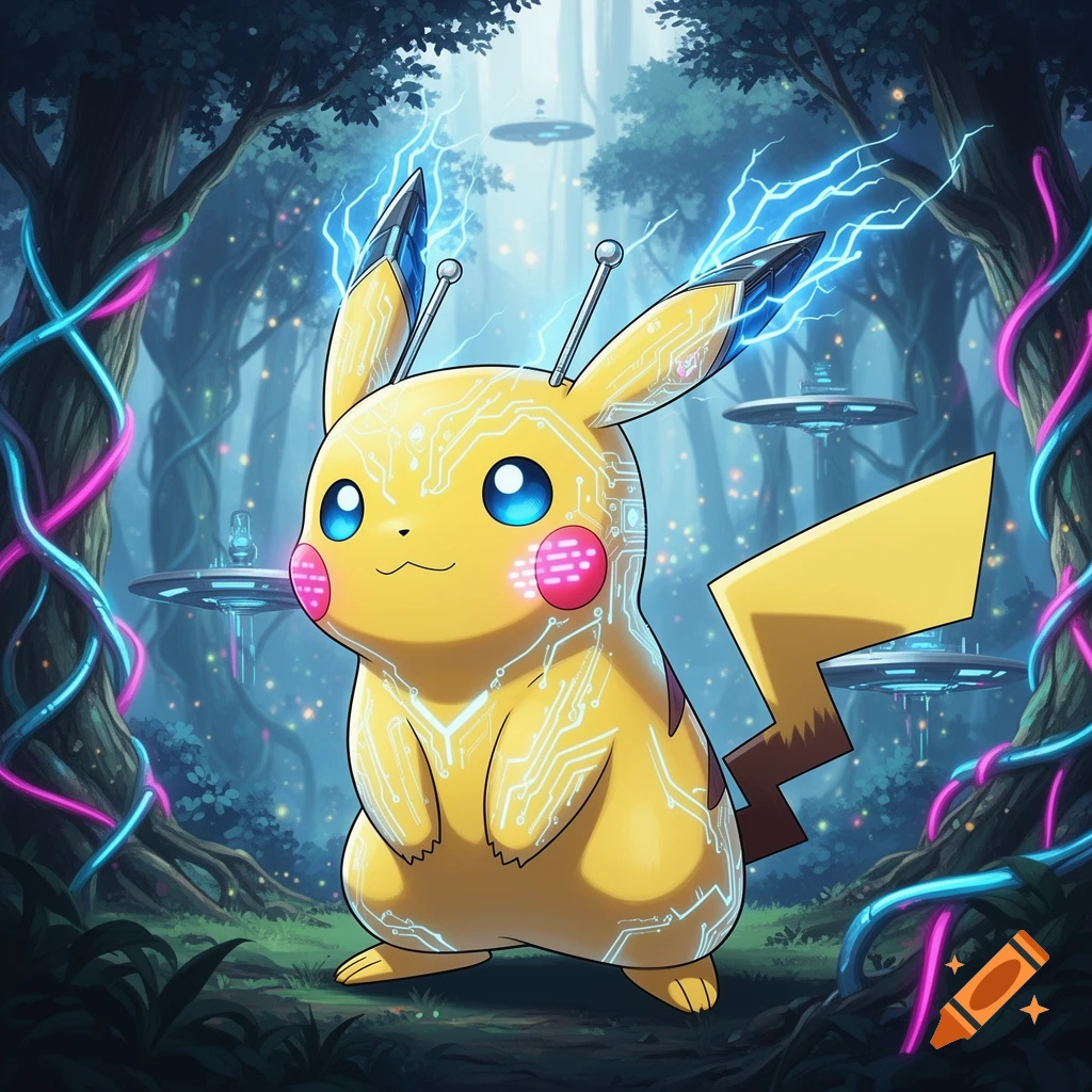 A futuristic Pikachu with circuit patterns and antennae, crackling with blue lightning, stands in an enchanted forest with glowing vines and floating platforms.