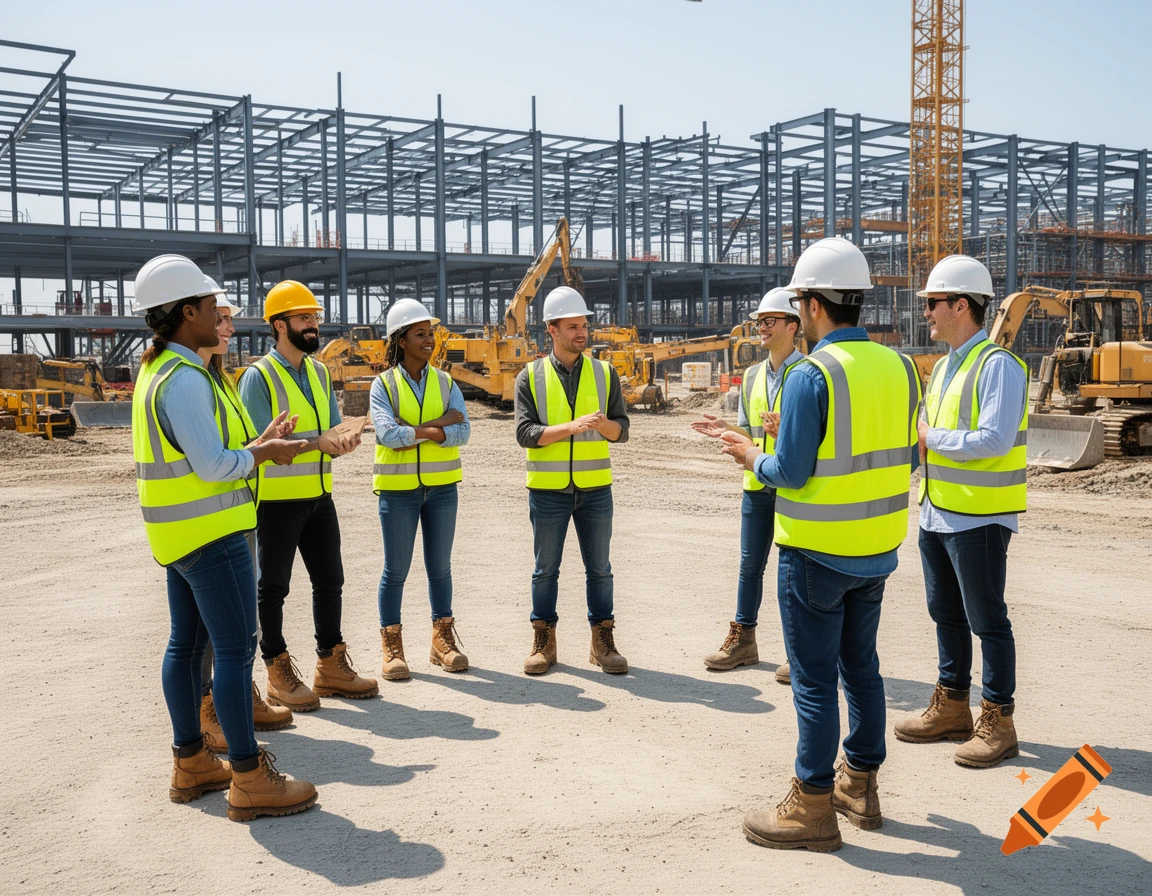 A diverse group of construction workers in safety gear discussing in a circle at a modern construction site, photorealistic.