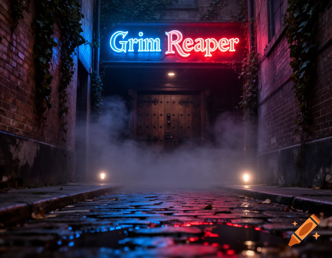 A dark, misty alleyway with a glowing red and blue 'Grim Reaper' neon sign above a wooden door, reflecting on wet cobblestones.