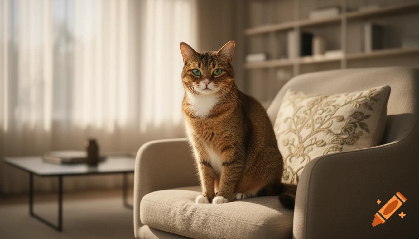A photorealistic image of a brown tabby cat with green eyes sitting on a light beige armchair in a sunlit living room.