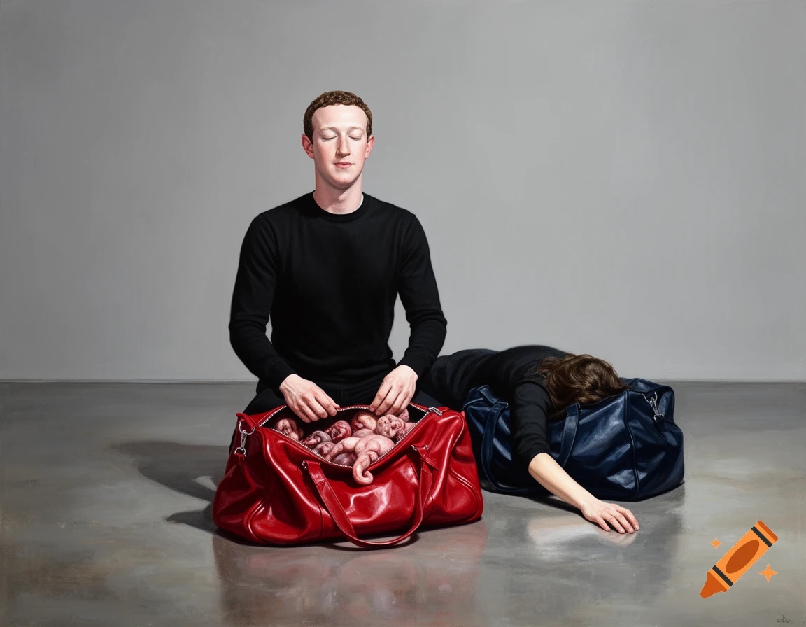 A surreal painting of Mark Zuckerberg opening a red duffel bag filled with abstract flesh forms, while another person lies face-down over a blue bag.