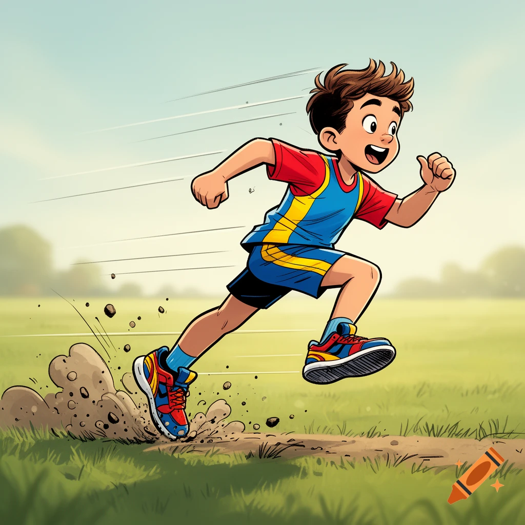 A happy cartoon boy in sports attire runs, kicking up dirt, against a grassy background.