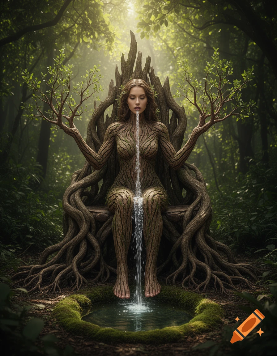 A tree spirit woman with bark skin and branch arms sits on a root throne in a forest, water flowing from her mouth into a mossy pool.