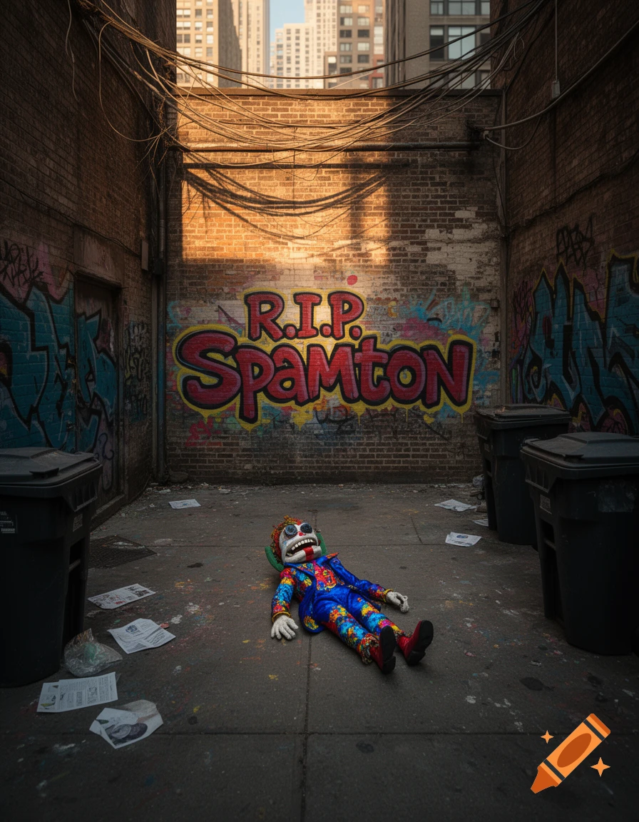 A colorful Spamton doll lies on the ground in a dirty, graffiti-covered urban alley with "R.I.P. Spamton" spray-painted on a brick wall.