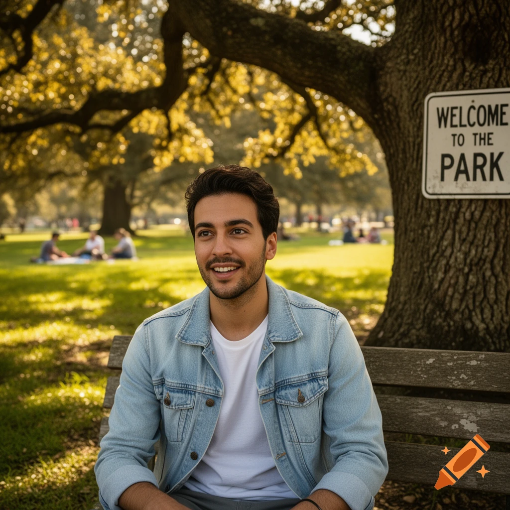A smiling man sits on a park bench under a large tree with a 'Welcome to the Park' sign, sunny outdoor setting.