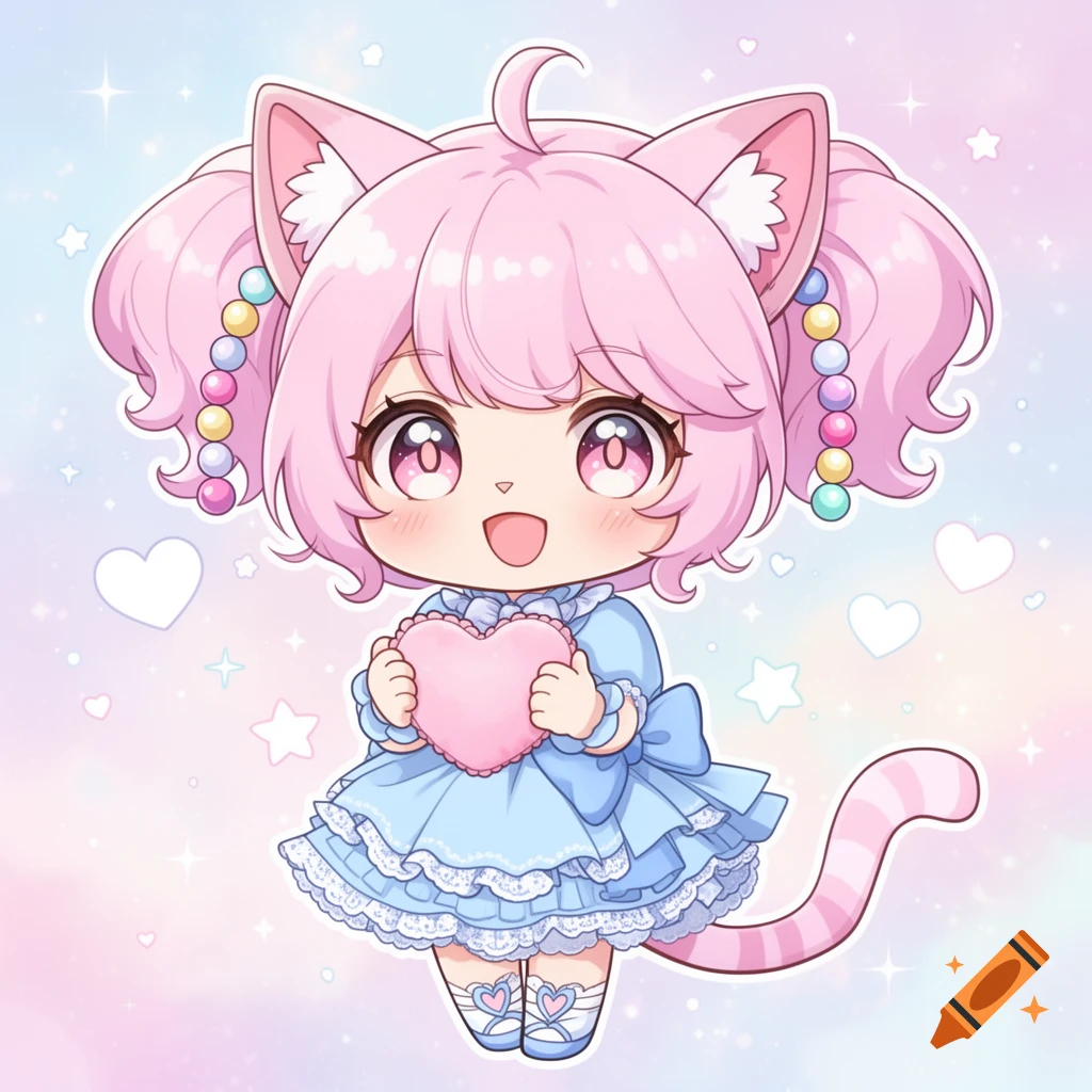 A cute chibi pink-haired cat girl in a blue frilly dress, holding a pink heart against a pastel background with hearts and stars.