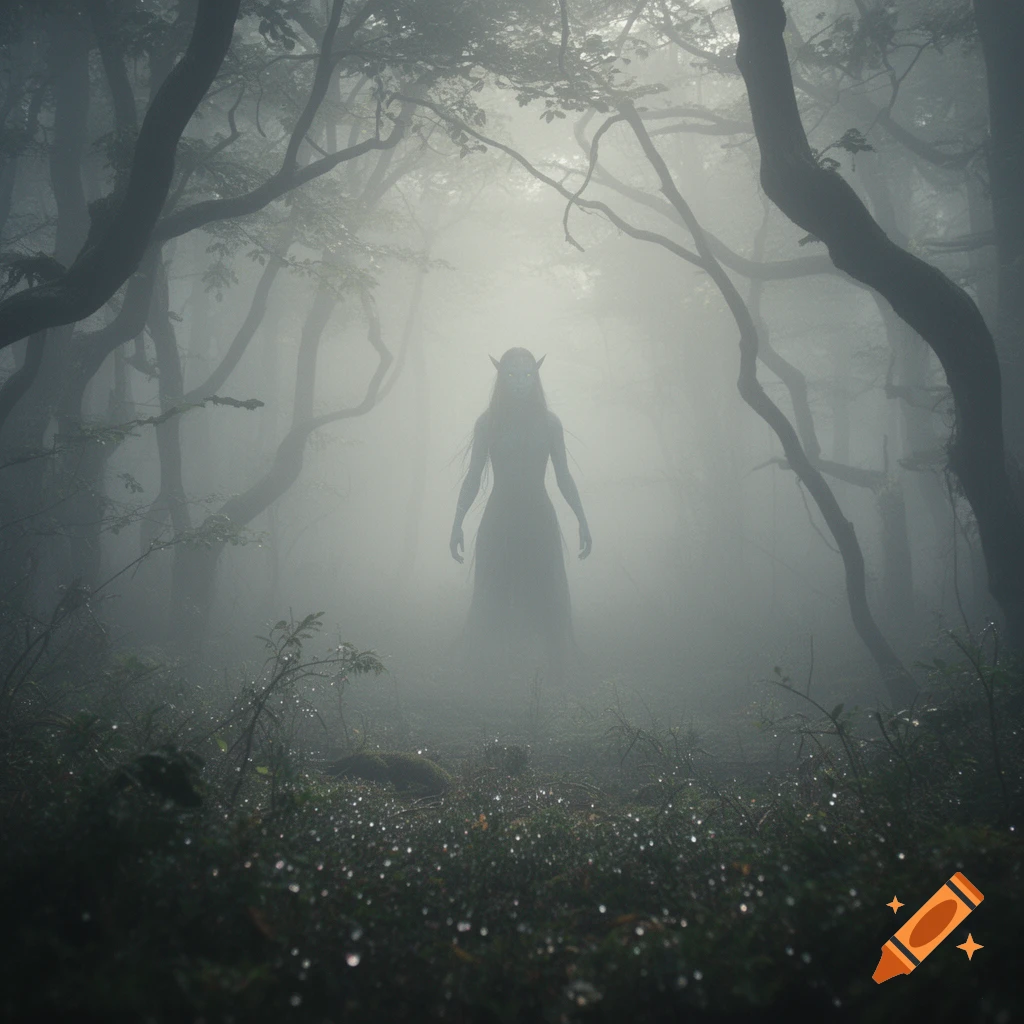 A spectral, elf-like figure with glowing eyes stands in a dense, misty forest with dark, gnarled trees.