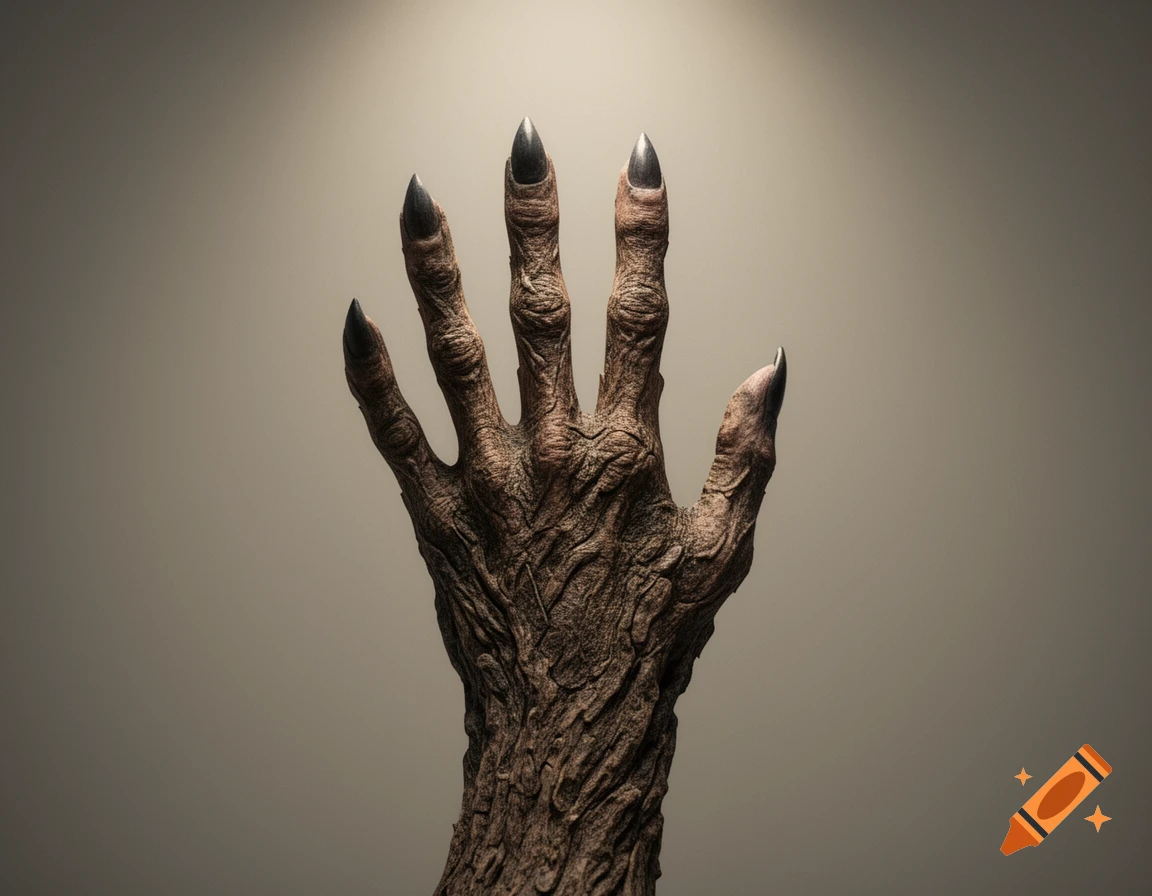 A grotesque, gnarled hand with sharp black claws emerges from shadow under a spotlight, photorealistic.