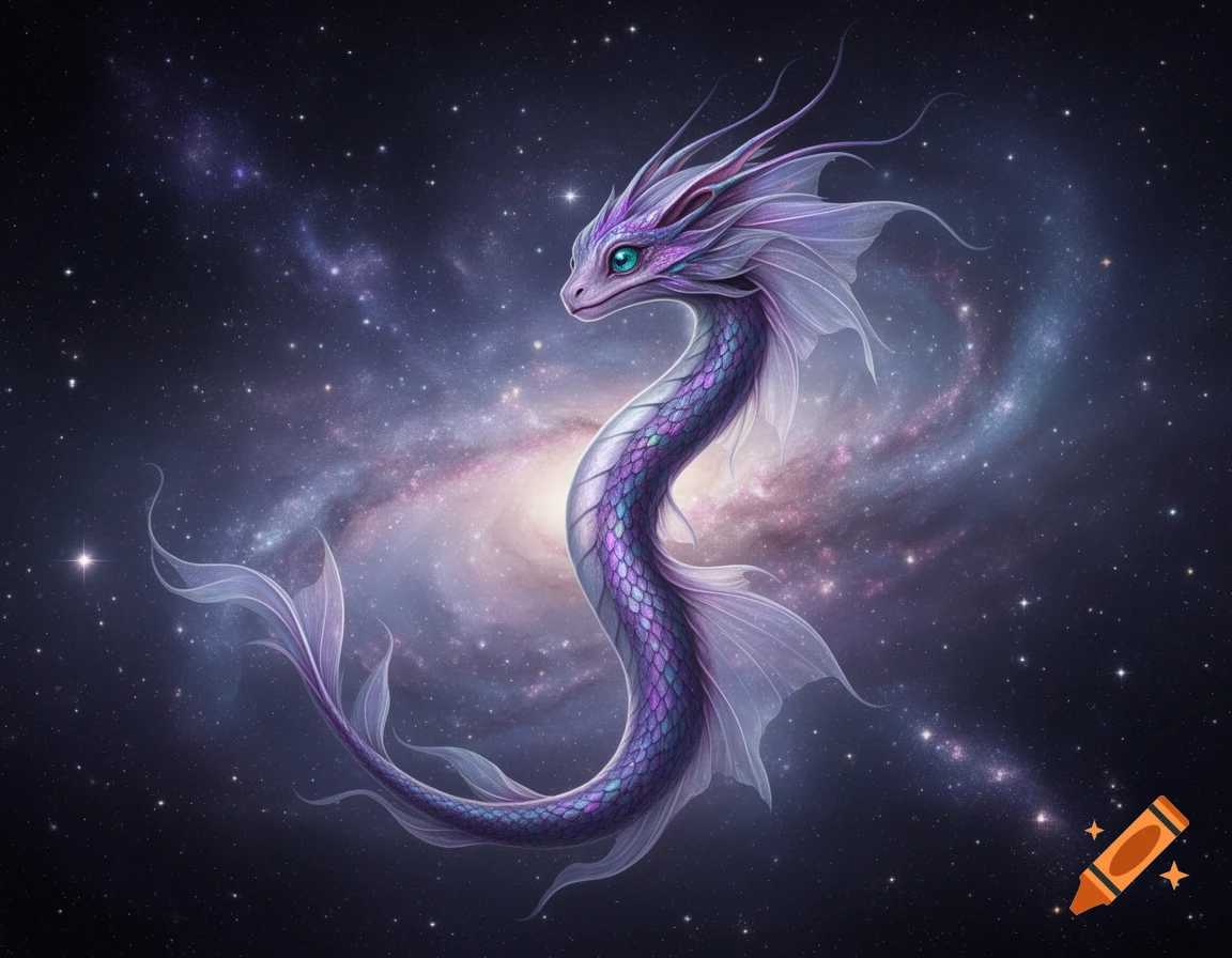 An iridescent purple and blue serpentine fantasy creature with fins floats in a starry galaxy with a nebula.