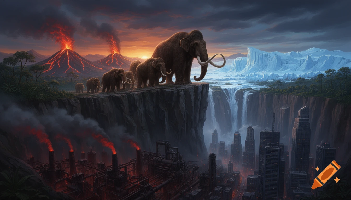 Conceptual digital painting of mammoths on a cliff overlooking a polluted city, with erupting volcanoes and glaciers in the background.