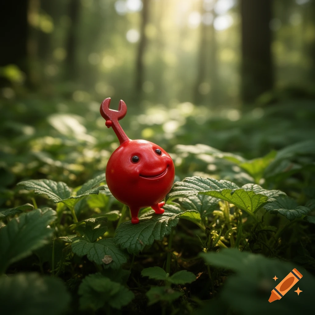 A small, smiling red berry-like creature with a wrench on its head walks through a sunlit forest on green leaves.