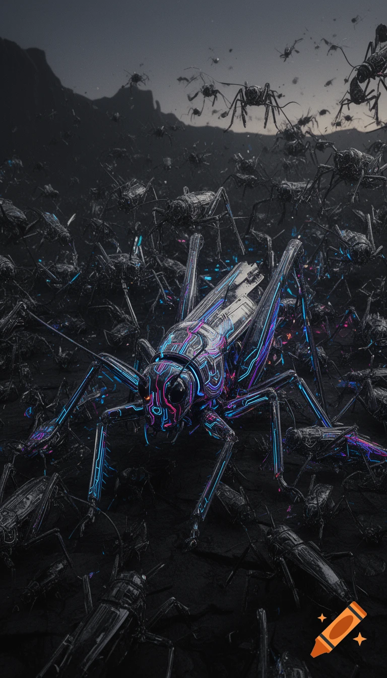 A swarm of dark, metallic, insect-like machines with glowing neon blue and magenta circuitry in a desolate, dark landscape.