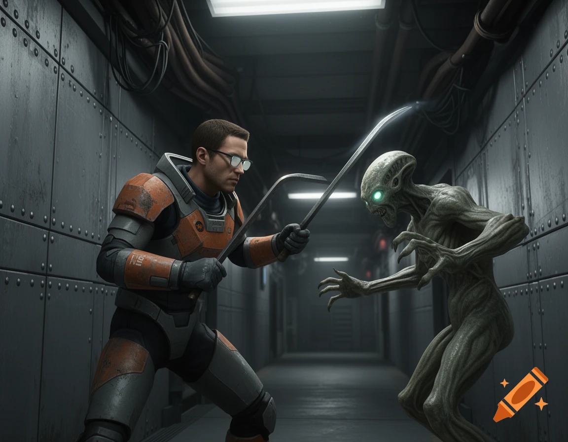 Gordon Freeman in a hazard suit wields a crowbar against a Vortigaunt alien in a dimly lit, metallic corridor.