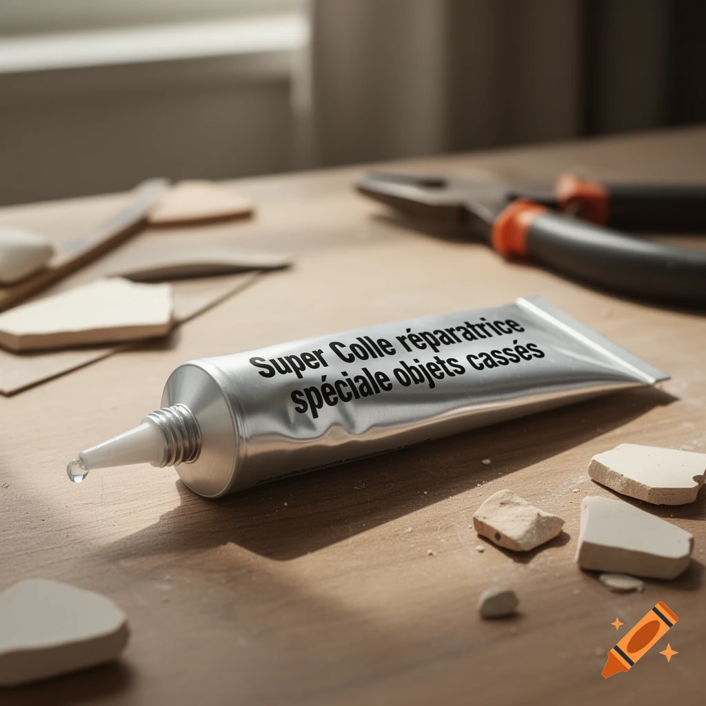 Photorealistic close-up of a silver glue tube with a drop of glue on its nozzle, surrounded by broken ceramic pieces and pliers on a wooden table.