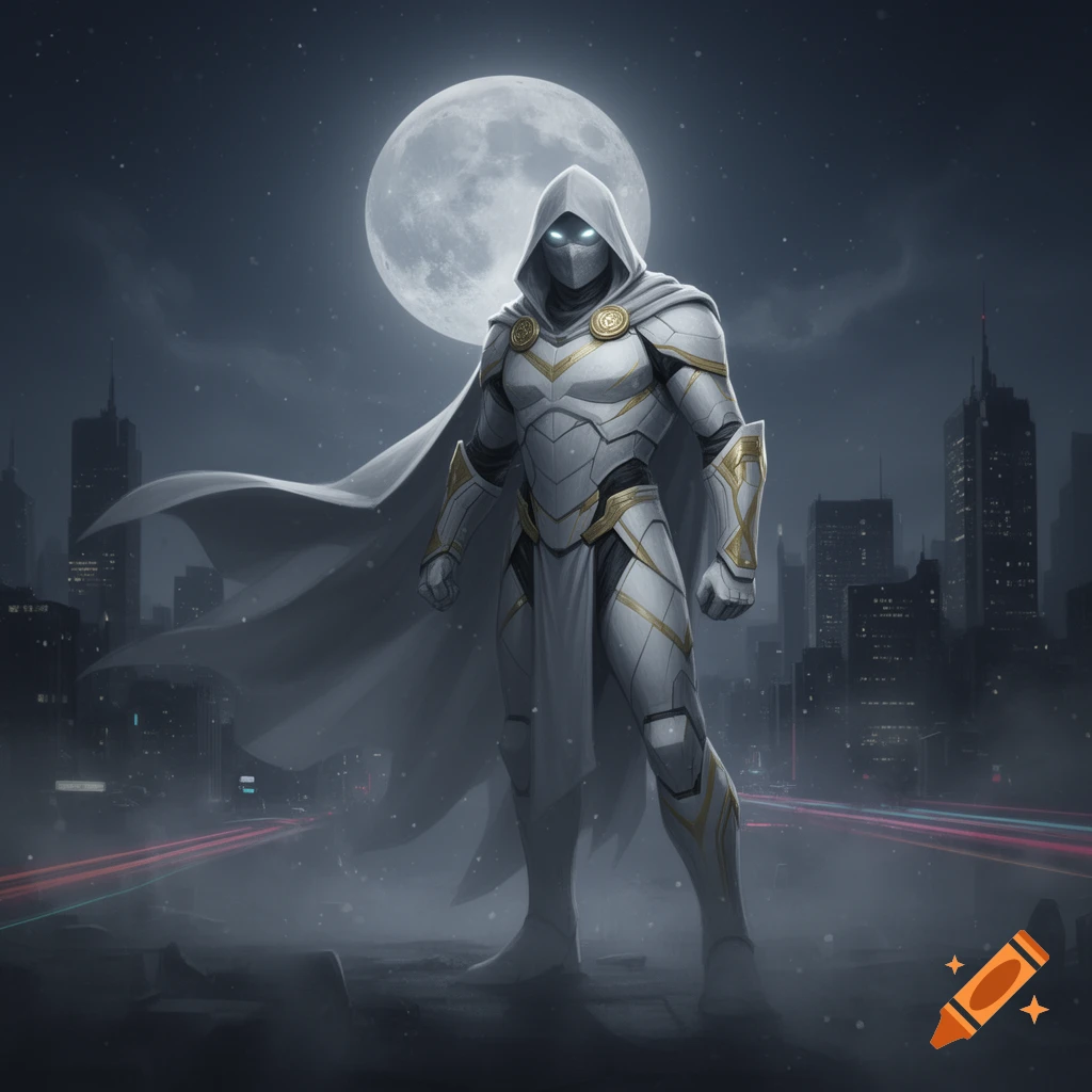 Moon Knight in his white armored suit and flowing cape stands before a large full moon over a city skyline at night.