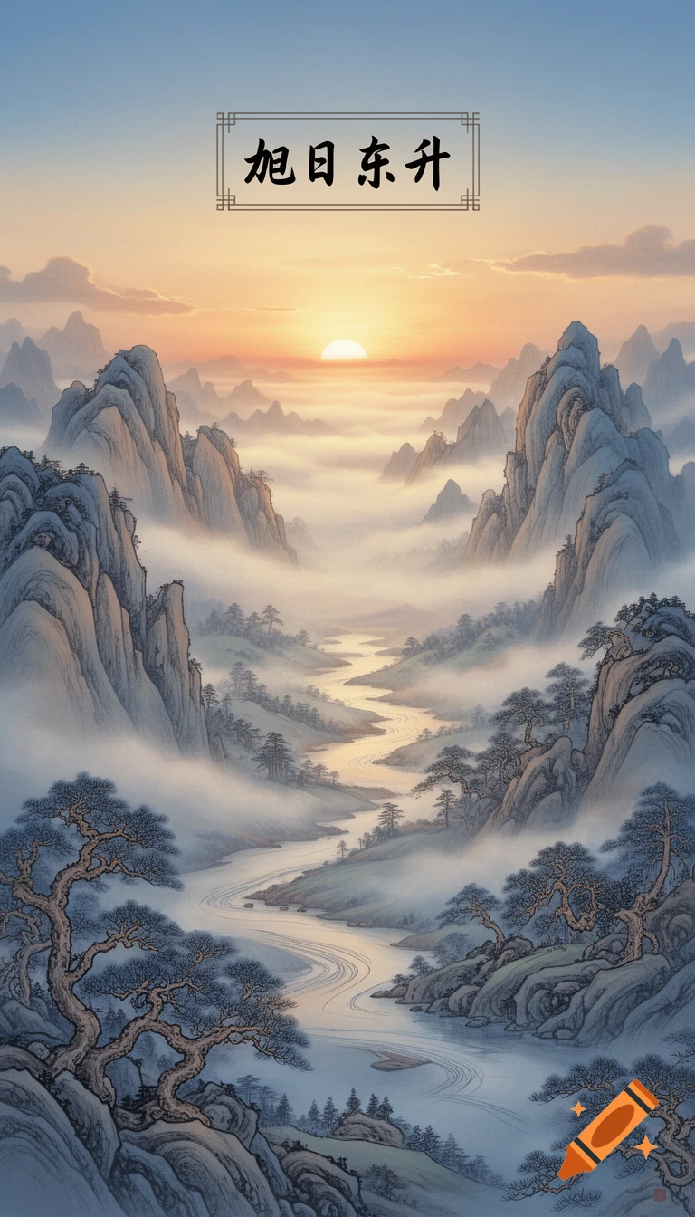 A traditional Chinese ink wash painting depicts a sunrise over a misty mountain valley with a winding river and gnarled trees, featuring text in a framed box.