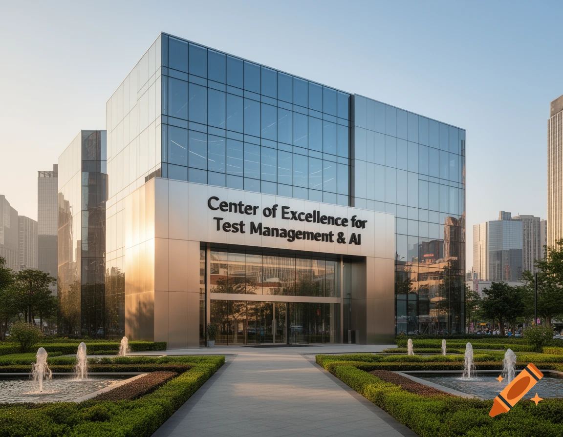 A modern glass and metal building with the text "Center of Excellence for Test Management & AI" on its facade, surrounded by manicured gardens and fountains.