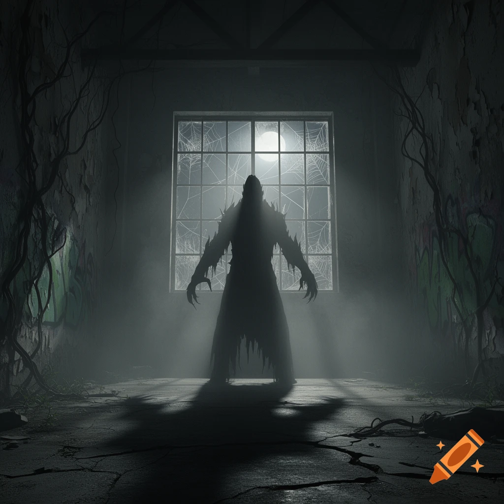 A dark silhouette of a monstrous, clawed figure stands in a foggy, dilapidated room before a cobweb-covered window with a full moon.