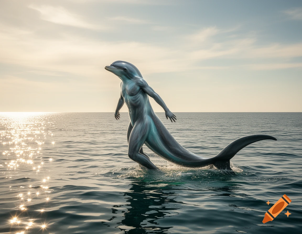 A photorealistic human-dolphin hybrid creature stands waist-deep in the ocean at sunset, sun sparkling on the water.