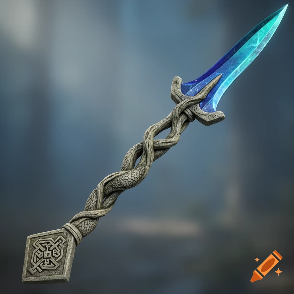 A fantasy dagger with a blue iridescent blade and a handle of intertwined stone-like vines with scale texture, featuring geometric patterns on its base.