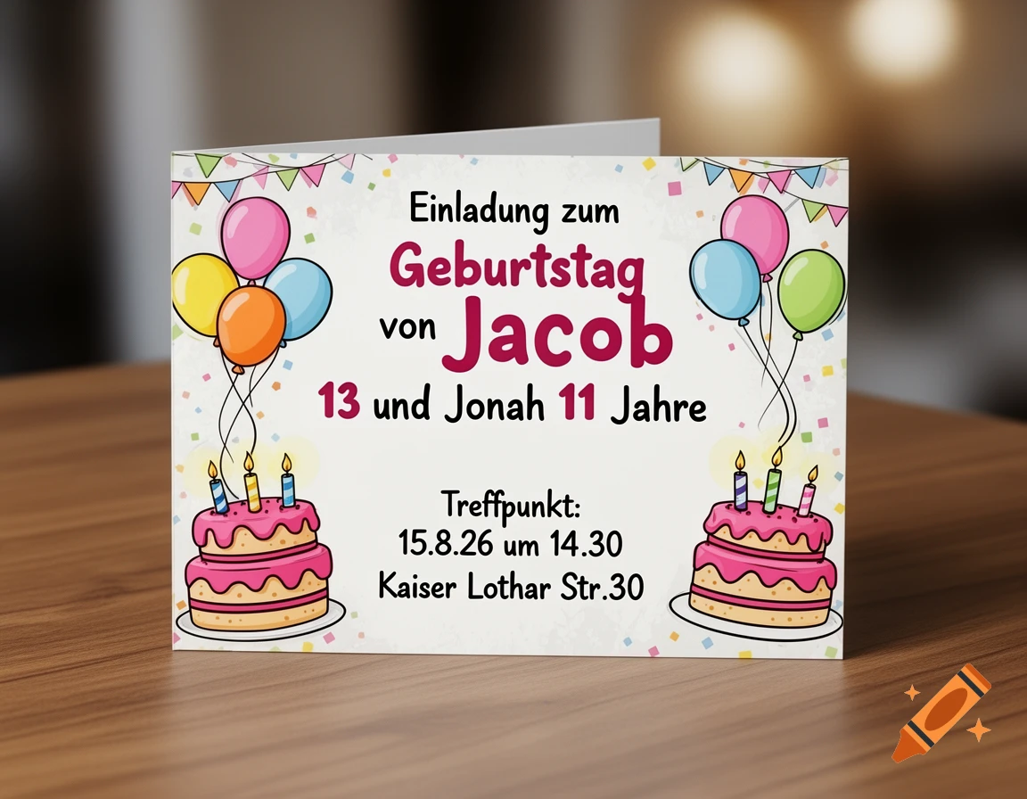 A cartoon birthday invitation card with colorful balloons and two pink cakes with candles. Text invites to Jacob and Jonah's birthday party on 15.8.26.