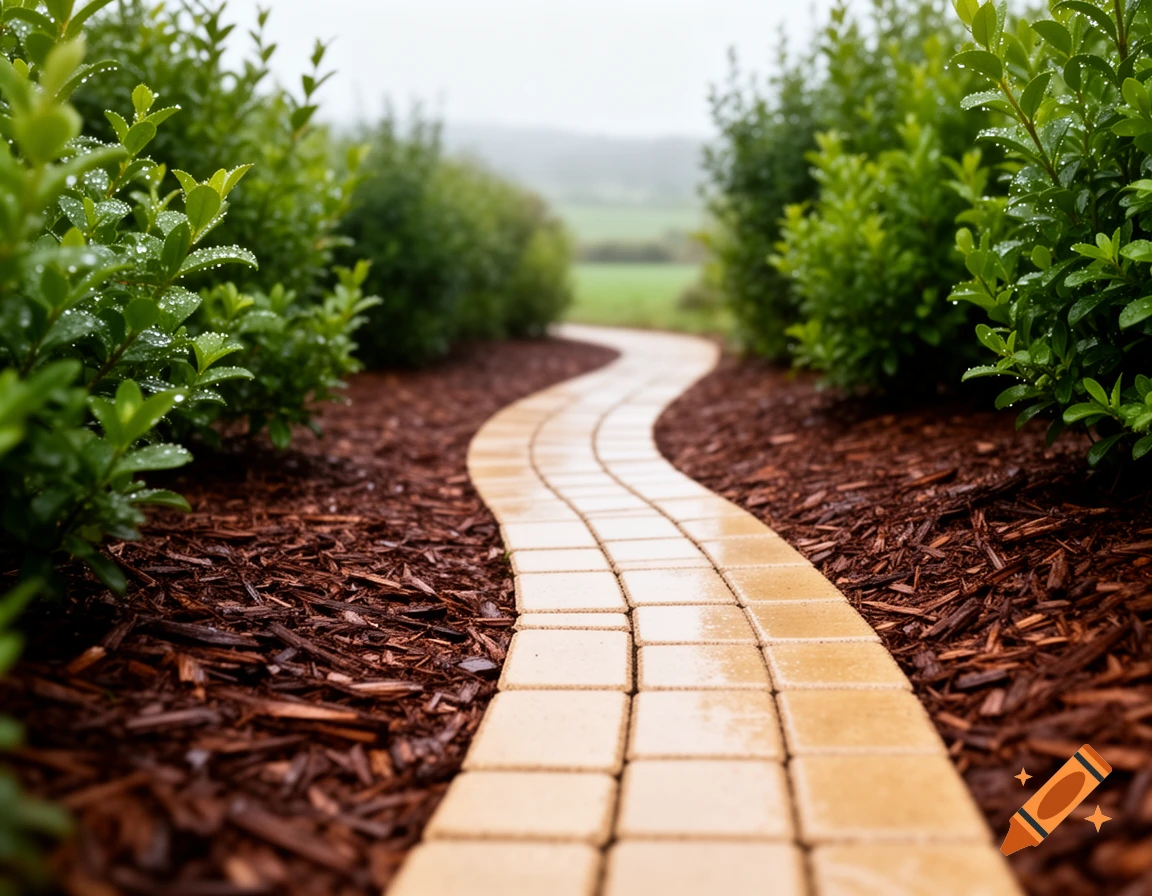 A winding pathway made of wet beige pavers through a garden, bordered by green bushes with water droplets and dark brown mulch.