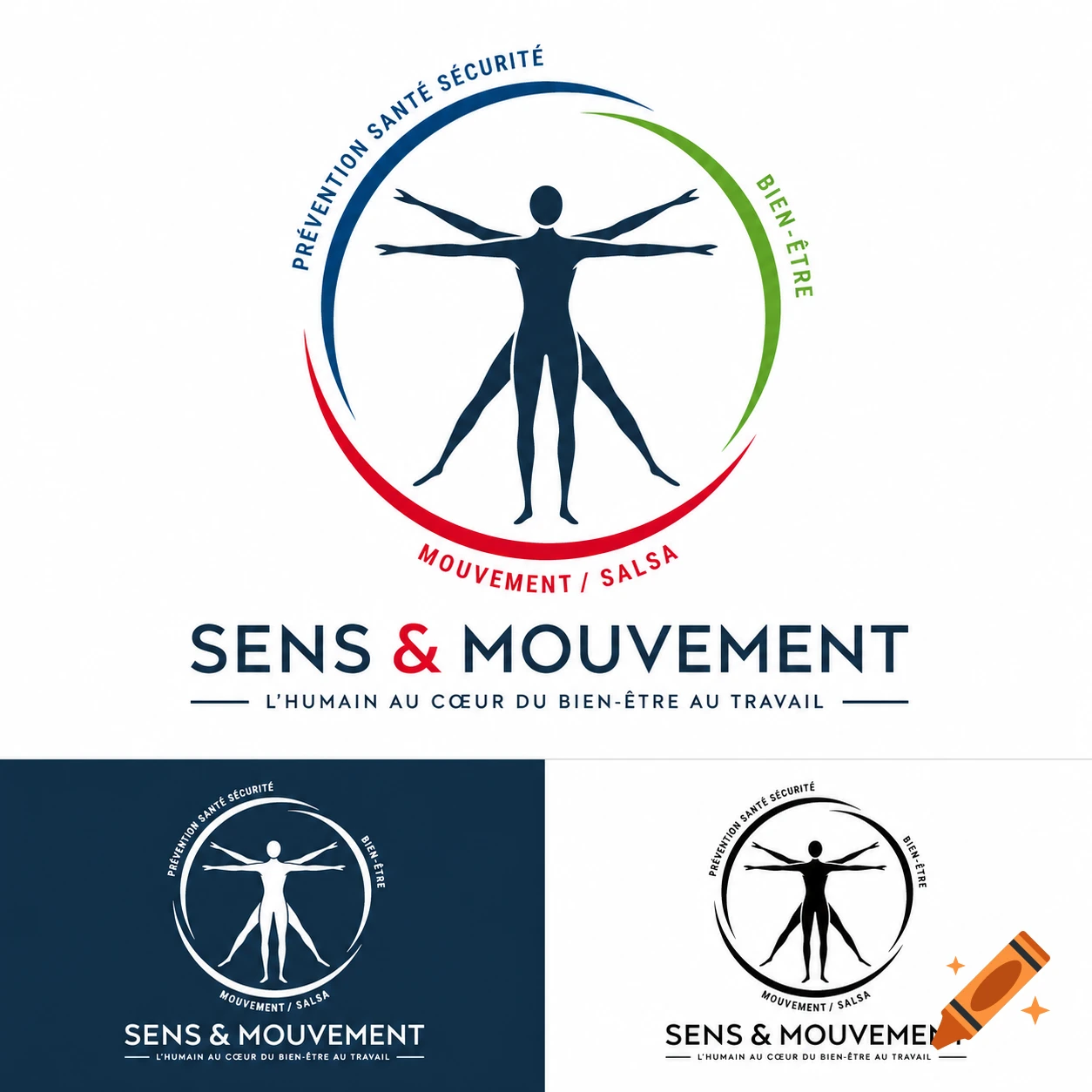 Modern corporate logo for "Sens & Mouvement" featuring a Vitruvian man silhouette and three colored arcs for health, well-being, and movement.