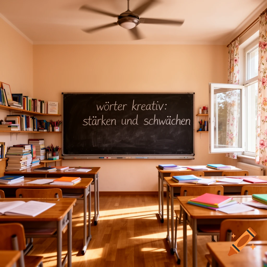 An empty classroom with wooden desks and chairs, a blackboard with text, bookshelves, and sunlight streaming through a window.