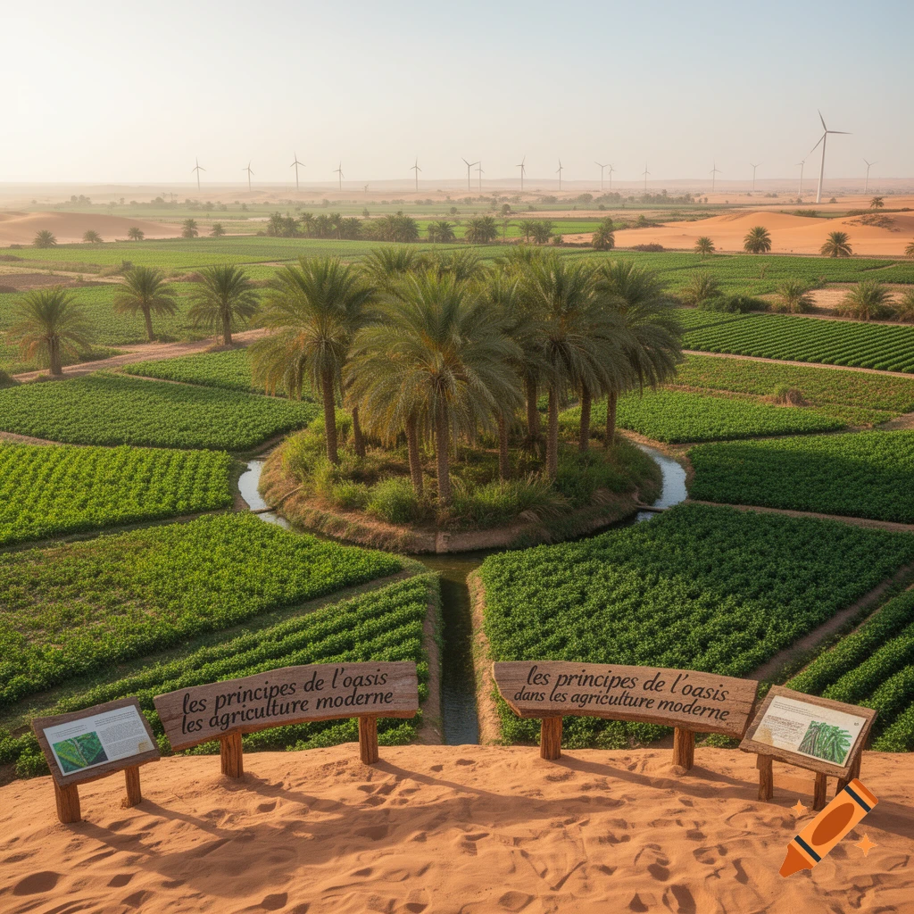 An aerial view of a vibrant green oasis with palm trees and cultivated fields in a desert, with wind turbines on the horizon. Two wooden signs are in the foreground.