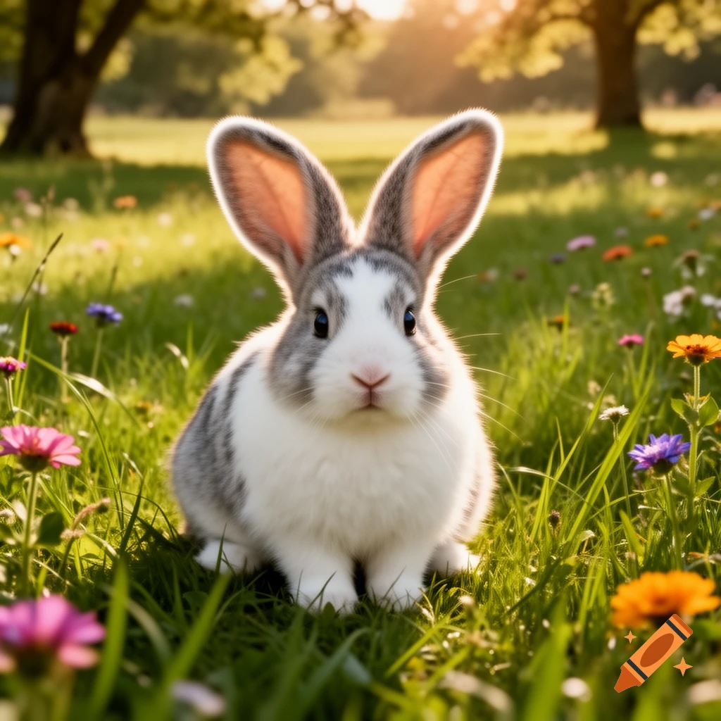 A white and gray rabbit sits in a sunlit green field among colorful wildflowers, with trees in the background.