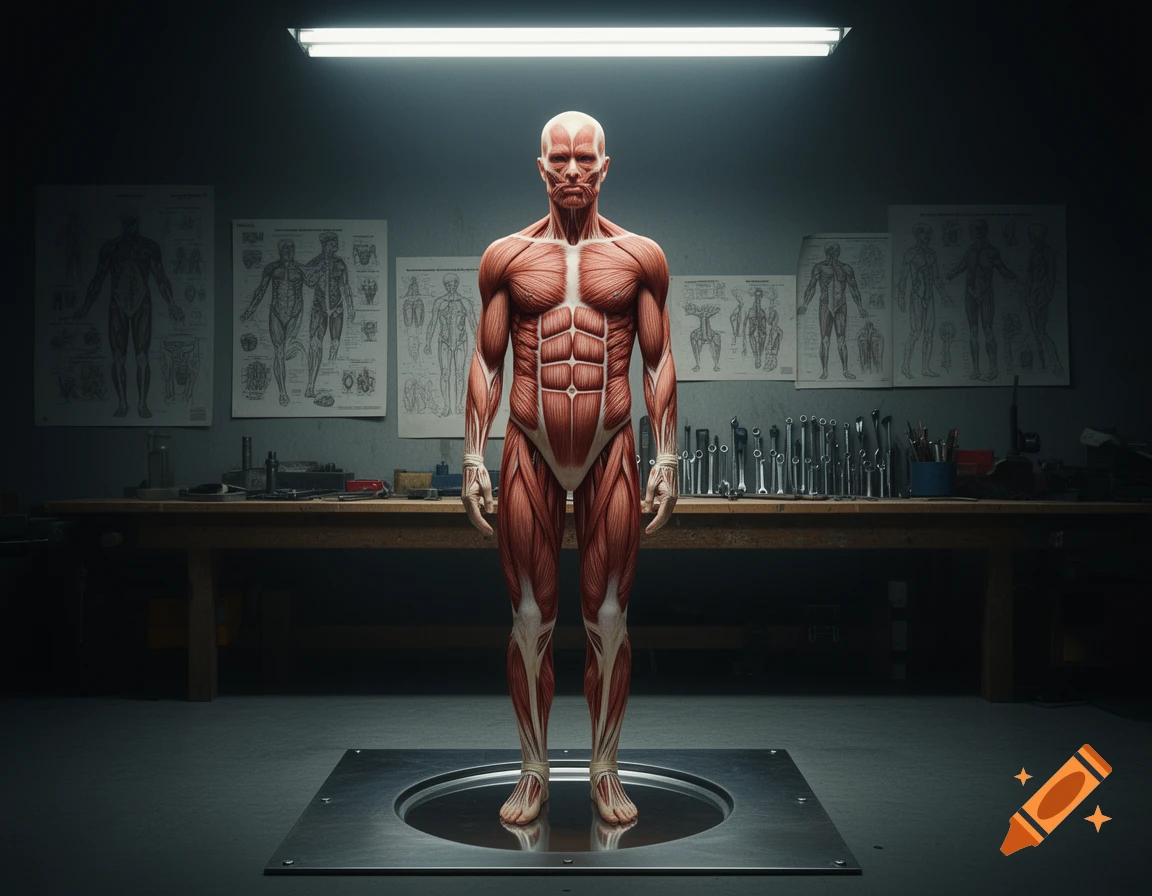 A photorealistic muscular human anatomy model stands under a fluorescent light in a dark workshop with anatomical charts.