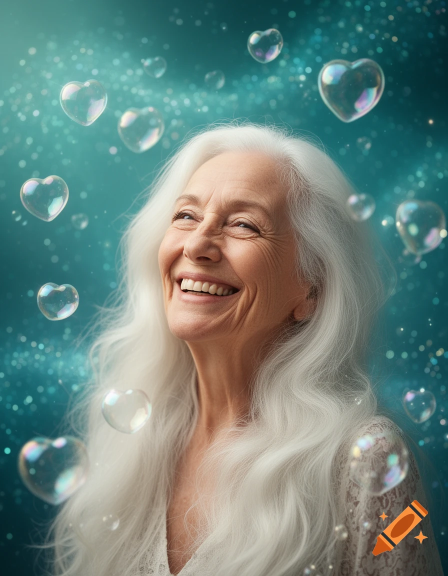An elderly woman with long white hair smiles joyfully, looking up at floating heart bubbles against a sparkly teal background.