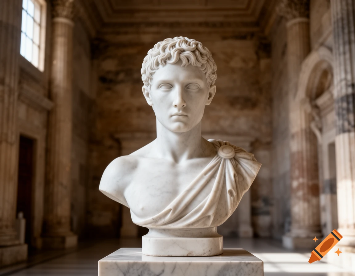 A photorealistic marble bust of a young, beardless man with curly hair and a draped toga, displayed in a grand, pillared hall.