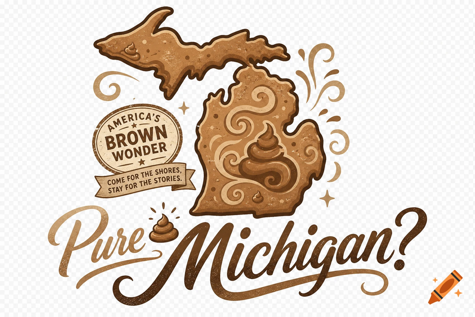 A satirical logo of Michigan, with the state outline filled with brown swirls and cartoon poop, featuring slogans like "America's Brown Wonder" and "Pure Michigan?".