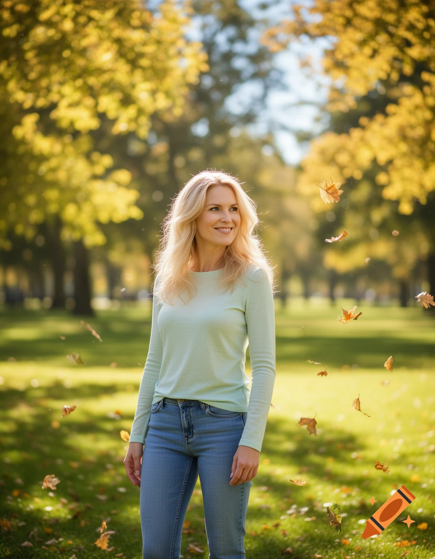 A smiling blonde woman in a light green long-sleeve top and jeans stands in a sunny park with falling autumn leaves.