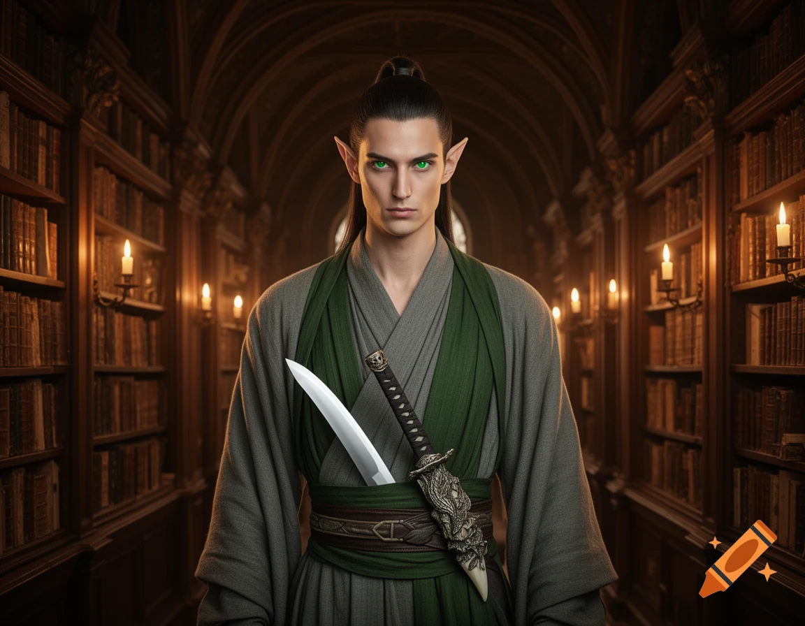 Photorealistic portrait of a green-eyed elf in grey and green robes, with a katana and dragon's tooth dagger, in a grand library.
