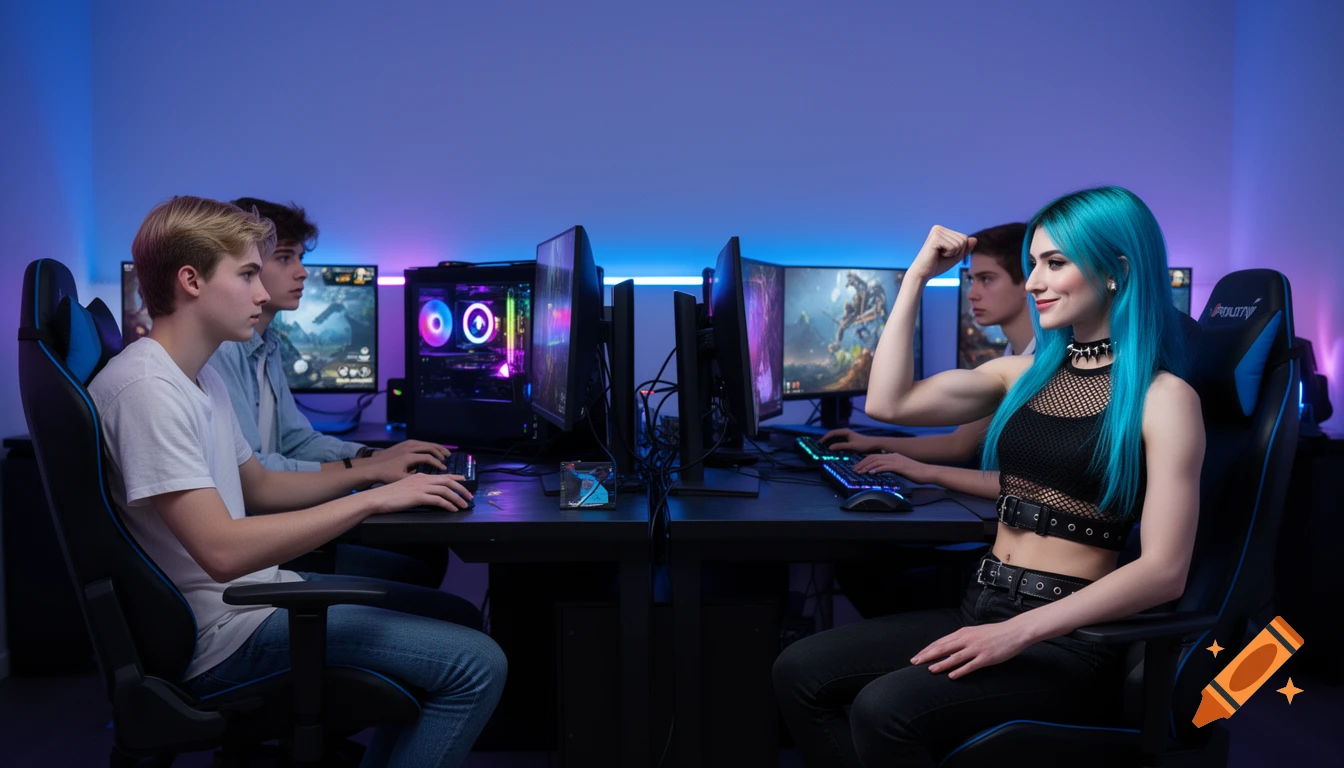 Four young people, including one with bright blue hair flexing a bicep, at a LAN party with RGB-lit gaming PCs.