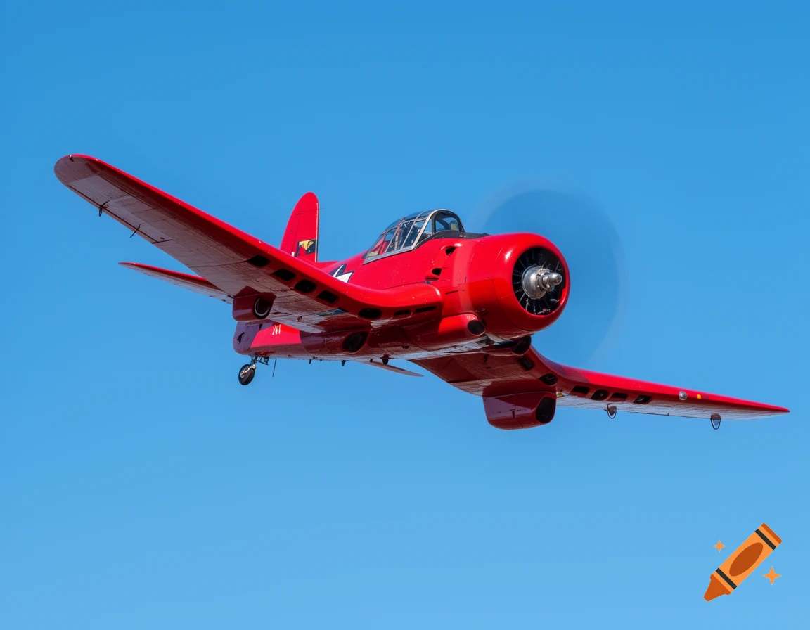 A bright red vintage propeller plane with its landing gear down flies through a clear blue sky, viewed from below.