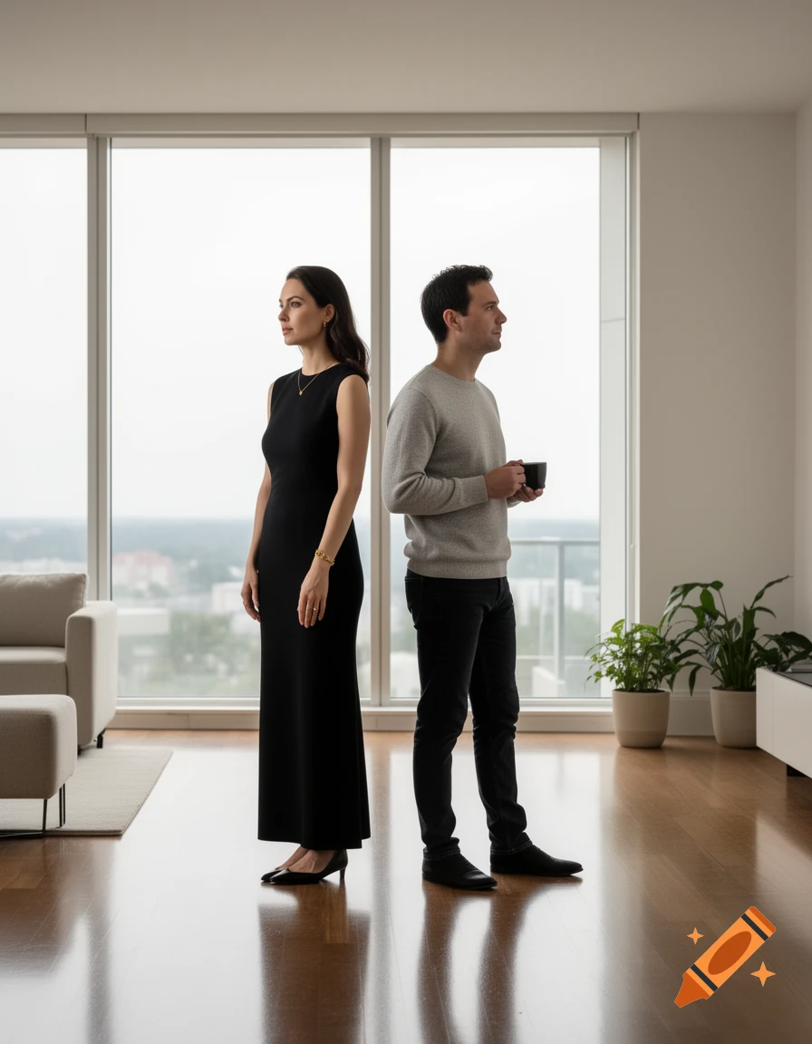 A man and a woman stand back-to-back in a bright, modern apartment with large windows.
