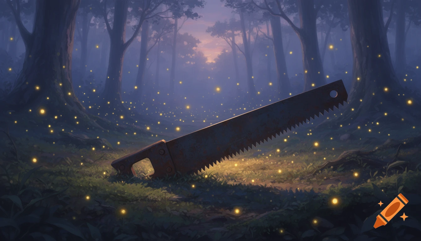 A surreal digital painting of a rusted saw blade lying on moss in a misty forest at dusk, illuminated by glowing fireflies.
