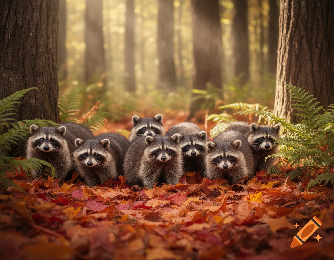 Seven realistic raccoons peer from vibrant autumn leaves in a sunlit forest, with tall trees in the background.