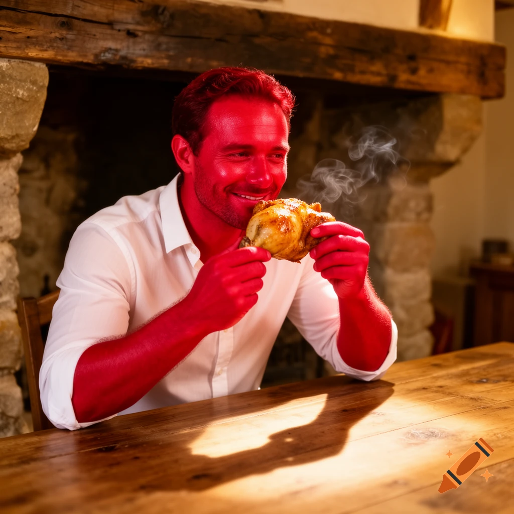 A red-skinned man in a white shirt smiles while holding a steaming roasted chicken at a wooden table in a rustic room.