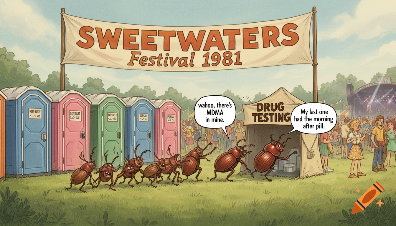 A cartoon festival scene in 1981 with a line of port-a-potties and a "Drug Testing" tent. Dung beetles line up to get their 'poo' tested, with speech bubbles referencing MDMA and the morning after pill.