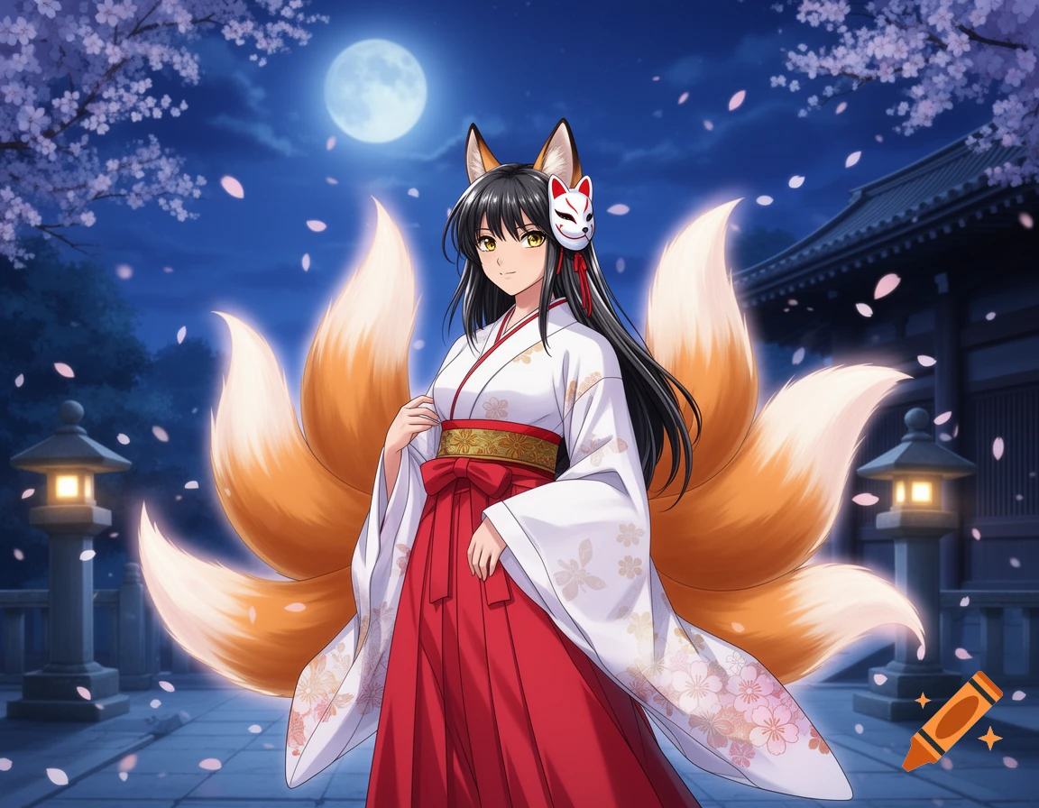 A black-haired anime kitsune miko in traditional red and white attire stands under a full moon with cherry blossoms and a temple at night.